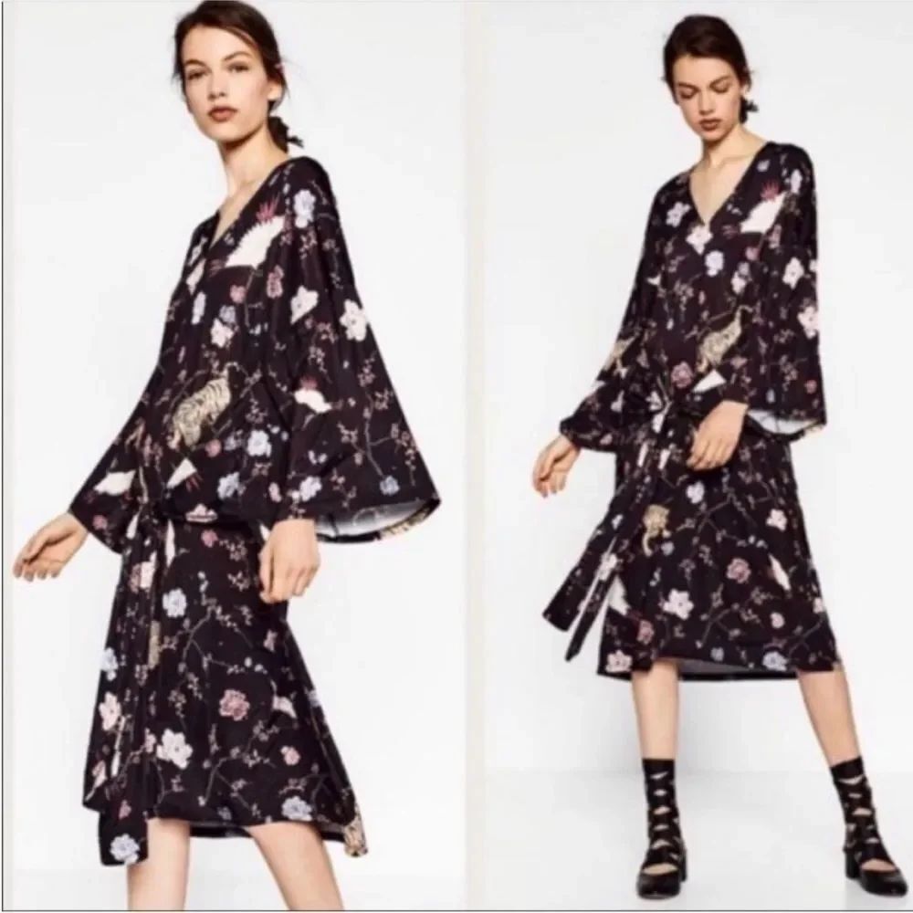 ZARA | Crane Tiger Print Kimono Style Black Wrap Dress Women’s Size Small